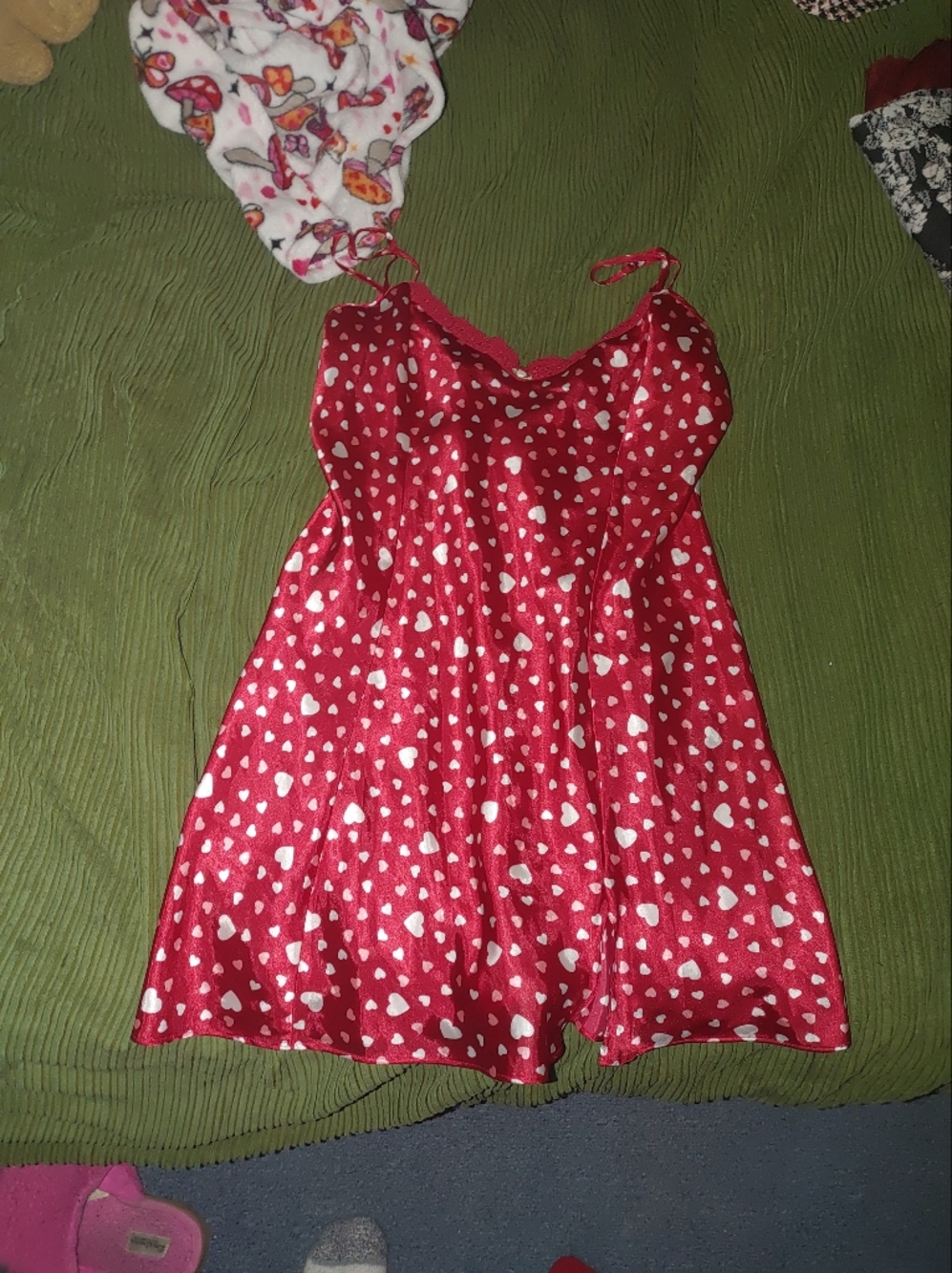 Red Heart Print Satin Slip Dress